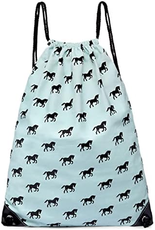 MISS LULU Horse Drawstring Bag,Canvas Schoolgirl String Bag Suitable for Girl Drawstring Sackpack Draw String Backpack Gift for Girl(Blue)