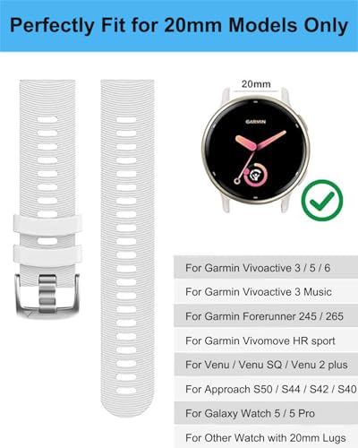 20mm Silicone Watch Bands for Garmin Forerunner 55 165 245 645, 3pcs Sport Band Strap for Vivoactive 6, Vivoactive 5, Venu Sq, Venu Sq 2, Approach S70 Smartwatch (White) - image 2