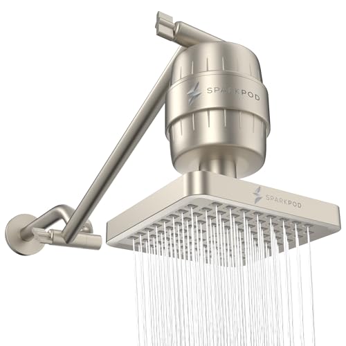 Image of SparkPod 6 inch High Pressure Rain Shower Head with 23 Stage Filter Capsule & 11 Inch Adjustable Shower Arm Extension -Shower Filter Reduces Chlorine for Smoother Hair & Skin (Square, Brushed Nickel) | Showerhead for Hard Water, High Pressure Shower Head, Adjustable Showerhead, Universal Connection, Gain Space & Style