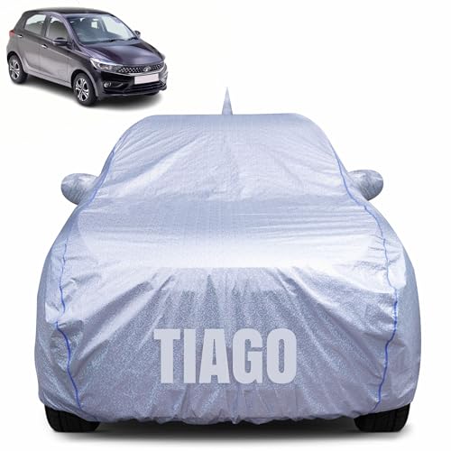 Image of 100% Waterproof Car Body Cover for Tata Tiago (2016-2025) with Mirror Pocket, Heat & UV Resistant, Triple Stitched, Soft Lining, Bottom Elastic & Piping (Silver Reflective)