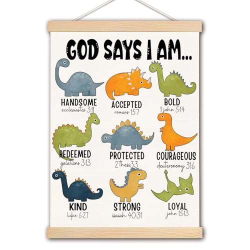 Image of DNEULYR Dinosaur Wall Decor, God Says I am Nursery Wall Art With Wooden Poster Hanger, Dinosaur Room Decor for Boys, Toddler Little Boy Room Bedroom Nursery Decor, 12x16 Inch