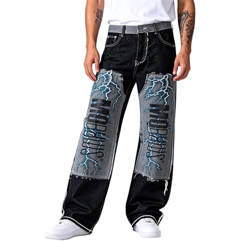 MQRXWS Men’s Y2K Graphic Printed Stacked Jeans, Slim Fit Drip Wash Streetwear Fashion Denim Pants for Men(Black&Blue)