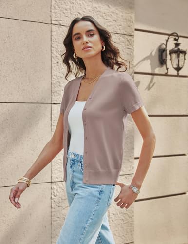 GRACE KARIN Short Sleeve Sweater Outfits for Women Summer Cardigan Sweater Lightweight V-Neck Cropped Shrug Sweater (Khaki,XL) — view 4