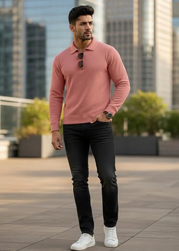 Image of Peppyzone Men's Full Sleeve Textured Polo T-Shirt with Collar | Stylish Chain Zip Tshirt for Man | Premium Polyester Lycra Stretch Fabric | Long Sleeve T Shirt for Men
