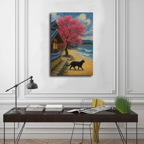 Impression sur toile chat cerisier coréen Hanok 50x76 - 3