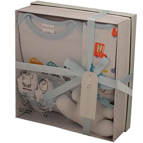 4 Pièces Ensemble Cadeau Bébé - 100% Coton, Bébé Fille, Bébé Garçon, Douche de Bébé - Bleu, 0-3 Mois