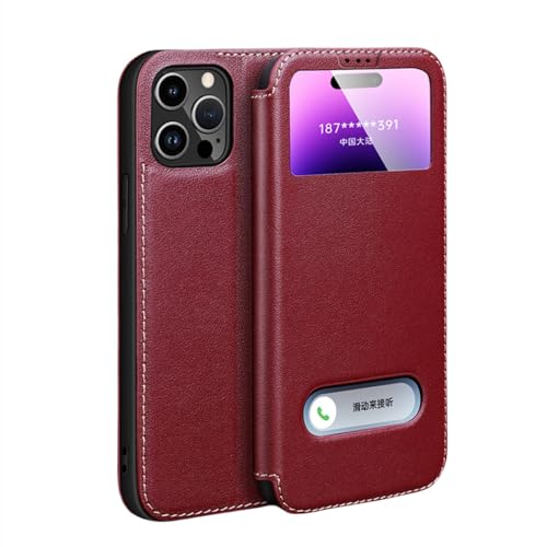Étui iPhone 14 Pro cuir véritable à rabat résistant aux rayures vin rouge