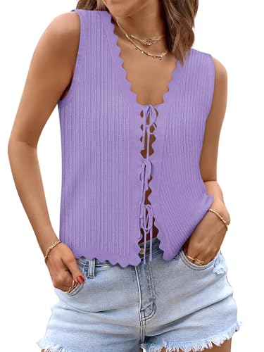 Image of COCCKO Womens Summer Tops Vacation Beach Outfits Cute Tie Front Crochet Vest Knit Sleeveless Sweaters