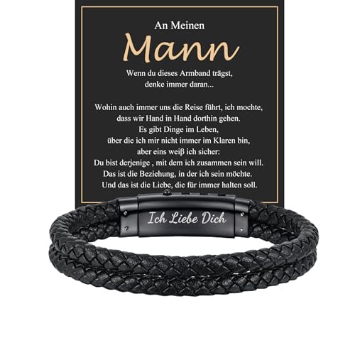 Ich Liebe Dich Geschenke für Männer - An Meinen Mann Armband Herren, Schwarz Leder Armband Herren Edelstahl Verstellbare Verschluss, Geburtstag Valentinstag Jahrestag Geschenk für Ihn Freund Ehemann