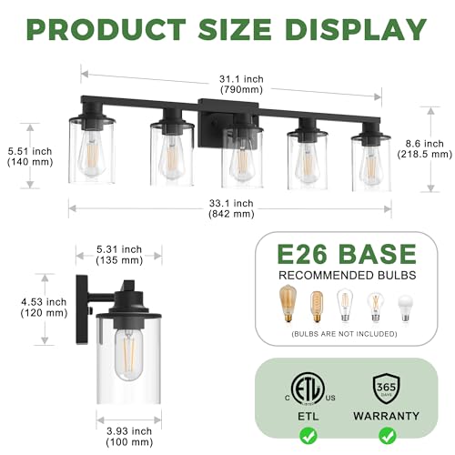 Image of DORESshop 5-Light Black Bathroom Vanity Light Fixture ETL Listed