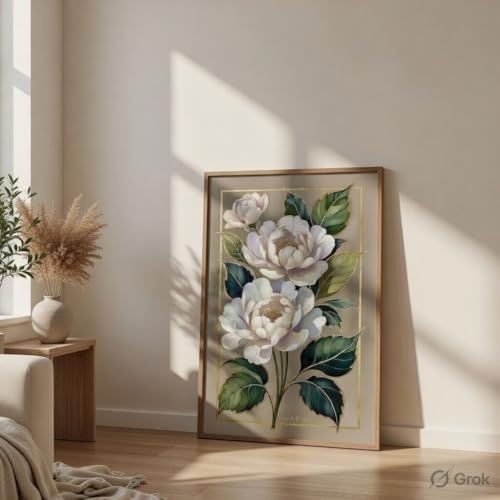 Image of SAF Elegant White Floral Botanical Wall Art with Wooden Frame | Luxury Flower HD UV Laminated Print on MDF | Modern Aesthetic Decor for Living Room Bedroom Office 13.5 Inch x 19.5 Inch
