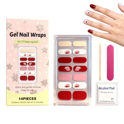 Pegatinas de gel para uñas, calcomanías artísticas resistentes a las escamas – tiras de esmalte de gel sin lámpara UV con y palillo | Para acabado brillante, decoración navideña calidad salón