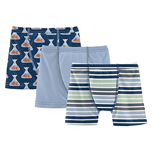 KicKee Pants Boys Boxer Brief Underwear, Silky Soft Printed and Solid Boxer Briefs for Your Little Man, Lightweight and Breathable For All Day Comfort, Set of 3 (Navy Goldfish Prize, Pond and Fairground Stripe - 2T-3T)