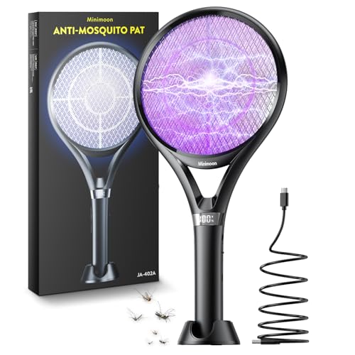 Minimoon Electric Fly Swatter with LED Display, 2000mAh Rechargeable Fly Swatter Racket, 2500V Bug Zapper Racket Dual Modes, Mosquito Killer Lamp with 3 Layers Safety Mesh for Indoor Outdoor Camping