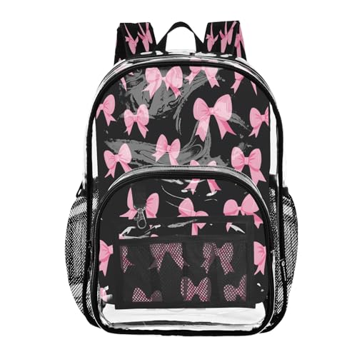 Clear Backpack for School Pink Bow Black Background Pattern Transparent Bookbag for Girls See Through PVC Boy Backpacks