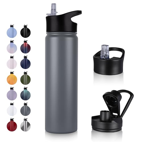 UMBFUN Edelstahl Trinkflasche - 750ml - mit Strohhalm,Auslaufsicher,Kohlensäure Geeignet,BPA frei Thermosflasche(+2 Deckel) Vakuum Doppelwandisolierung für Sport,Reisen,Camping,Schule,Fahrrad,Gym