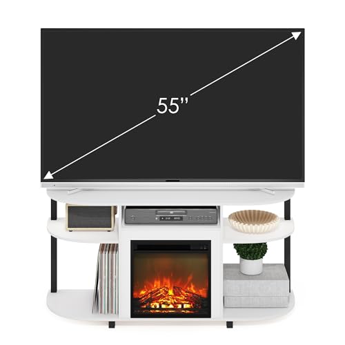 Image of Furinno Jensen Fireplace TV Stand, Curved Entertainment Center, TV Console for TV up to 55 Inch with Fireplace and Open Storage, for Living Room, Bedroom, Solid White