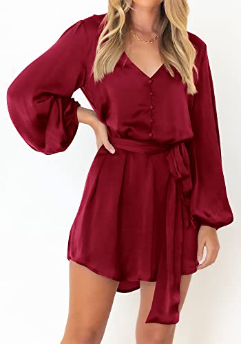 Prettygarden Women's Spring Long Puff Sleeve Satin Dress V Neck Cocktail Party Belted Short Formal Dresses (Wine Red,Medium) #TOP6