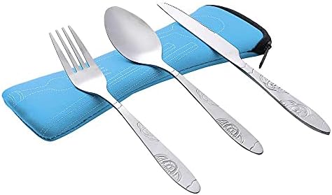 3 Pieces Stainless Steel Flatware Set, Knife Fork Spoon Set, Travel Camping Cutlery Set with Neoprene Case, Reusable Lunch Box Utensils, Portable Travel Silverware Set