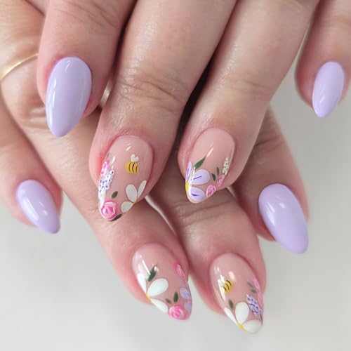 Purple Spring Nails Almond Short Nude Press on Nails with