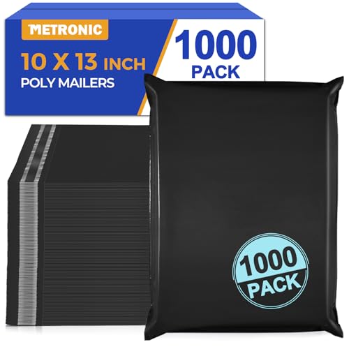 Image of Metronic Poly Mailers 10X13 1000 Pack, Bulk Shipping Bags Heavy Duty Self Seal Waterproof Tear Weather Resistant Medium Mailing Envelopes, Packaging bags for Small Business, Boutique, Clothing,Black