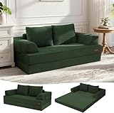 COMAX Futon Sofa Bed, Convertible Folding Sofa Bed, Boneless Couch Loveseat Corduroy with Pillows, Small Foldable Floor Couch Comfy Lounge Sleeper for Living Room Bedroom, Green