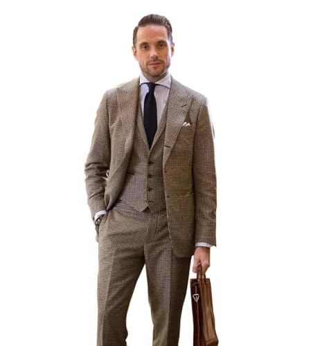 Kromoc Men's Houndstooth Peak Lapel Suit Prom 3-Piece Jacket Vest Pants Wedding Casual Daily3