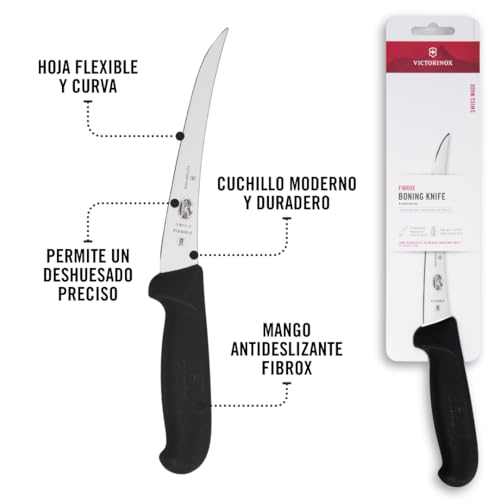 Miniatura 6 de Victorinox Fibrox Cuchillo Deshuesador, Cuchillo De Cocina Afilado Para Carne Y Pescado, 15 Cm, Hoja Curva, Rígido, Acero Inoxidable, Negro
