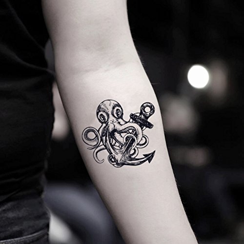 Octopus with Anchor Temporary Fake Tattoo Sticker (Set of 2) - www.ohmytat.com