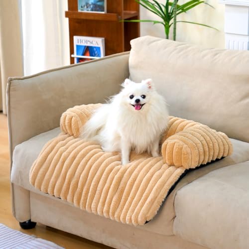 FUNNY FUZZY Pet Couch Cover for Sofa, Calming Dog Bed for Couch, Fluffy Plush Cat Bed Mat for Furniture Protector for Small Dogs and Kitten, 27×24 in, Khaki Small Khaki