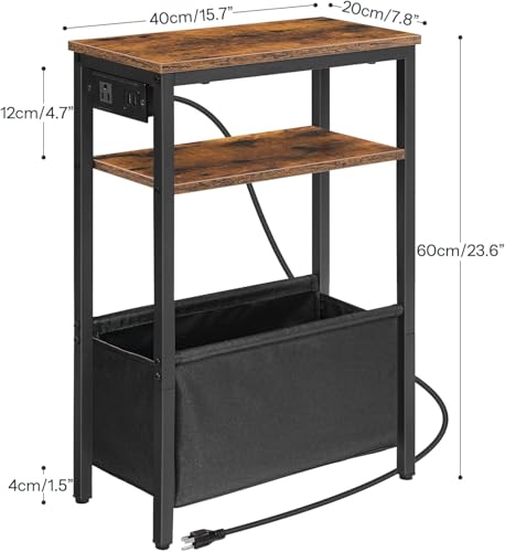 HOOBRO Narrow End Table, Slim Side Table with Charging Station, Nightstand with Storage Shelf, Bedside Table for Small Space, Living Room, Bedroom, Office, Rustic Brown and Black BF125UBZ01 by HOOBRO - Image 2