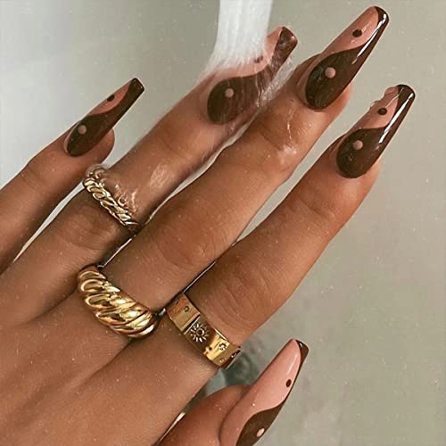 Chocolate Tai Chi Long Press on Nails,Glossy Full Cover Fake Nails With Glue Sticker,False Nails Art Decoration,Home DIY Fingernails Artificial Acrylic Nails Tips for Women Girls-24PCS