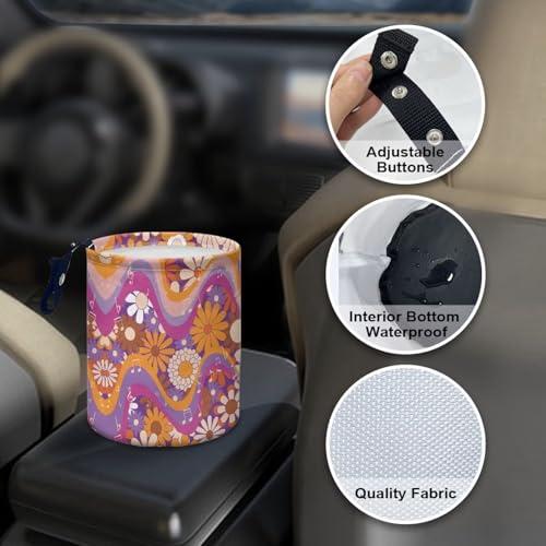 Image of Renewold Waterproof Car Trash Can, Hippie Daisy Swirl Boho Car Garbage Can with Button Straps, Trash Bin for Any Vehicles, Auto Waster Container, Camping Picnic Travel Desktop Storage Bag Organizer