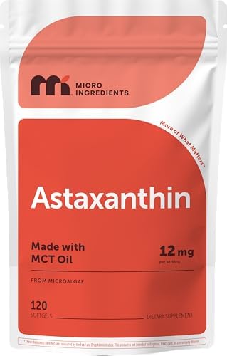 Micro Ingredients Astaxanthin 12mg with MCT Oil, 120 Softgels, 4 ...