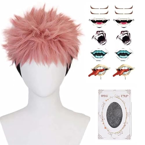 Aqnhec Pink and Black Wig for Yuji Cosplay Short Anime Wig with Tattoo Synthetic Heat Resistant Costume Hair Halloween Party Wig with Cap