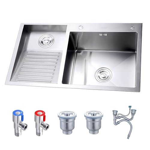 Grande Lavello Per Lavanderia Con Accessori Di Scarico, Vasca Per Lavanderia In Acciaio Inossidabile Con Asse Per Lavare, Vasca Per Lavanderia A Doppia Vasca, Lavandini Di Lavanderia(A,90x48x22cm)