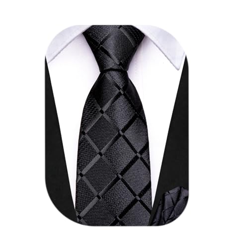 Dubulle Tie for Boys Self Tie Silk Kids Necktie and Pocket Square Set for Age 8-14, Checks Black, Medium