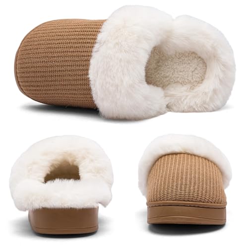 Women's Fuzzy House Slippers Comfy Memory Foam Bedroom Slippers Warm Knit Fluffy Plush Slip-on House Shoes Indoor Outdoor (B777 Khaki 5-6)2