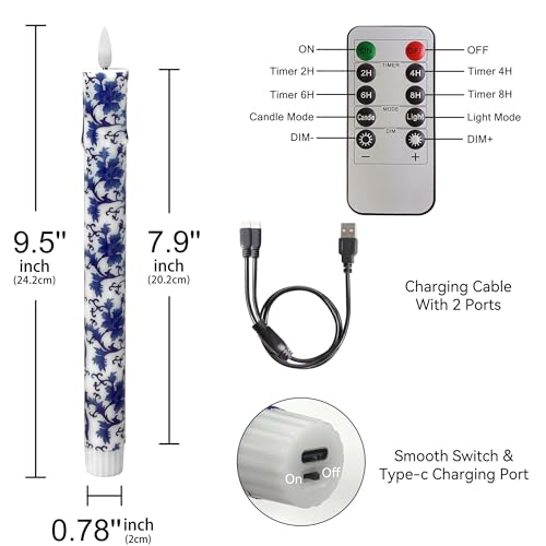 Image of Chinoiserie LED Candles Remote Candlesticks-10inches Blue and White Battery Operated Candles Timer Floral LED Taper Candles Lights for Home Wedding Tea Party Windows Decor-RC2PC-BLUWHT