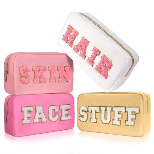 CasaCulina 4Pcs Preppy Makeup Bags Set, Cute Varsity Makeup Pouchs, Travel Cosmetic Bags Sewn with Skin/Hair/Face/Stuff Chenille Letter, Portable Nylon Zipper Toiletry Pouch Gifts for Girls Women