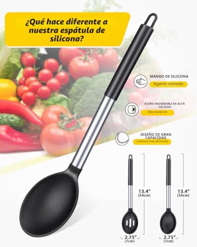 Miniatura 2 de Paquete De 2 Cucharón De Silicona, Cucharas Grandes Solidas, Utensilios De Cocina Para Mezclar, Cocinar, Servir Y Freir Comida, Verduras, Salad Negro