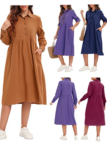 Vestido Plus Size,Vestido feminino solto com bolsos manga longa plus size vestido vintage