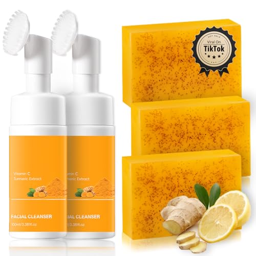 qvkzl Turmeric Face Wash and Soap Combo – 2 bottles turmeric face wash with brush + 3 Pack Cleansing Soap Bars for Face and Body