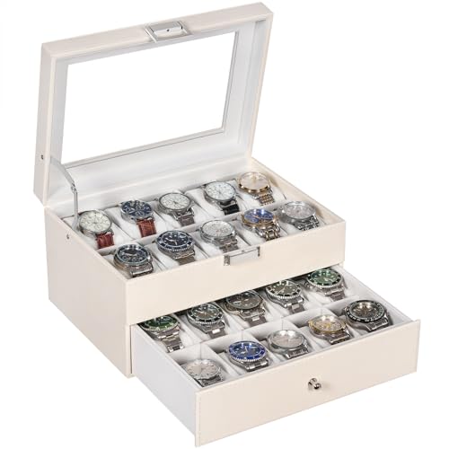 BEWISHOME Uhrenbox Organizer 20 Fächer Uhrenbox Herren Display Aufbewahrungsbox Metallscharnier Weißes PU-Leder Glasdeckel Großer Uhrenaufbewahrung, Uhrenkasten Damen, Weiß ESSH04W