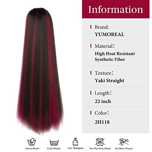 Yumoreal Drawstring Ponytail Extension For Women, 22Inch Yaki Straight Pony Tail Hair Extensions Synthetic Hairpeces For Girls-Black Mix Wine #TOP1