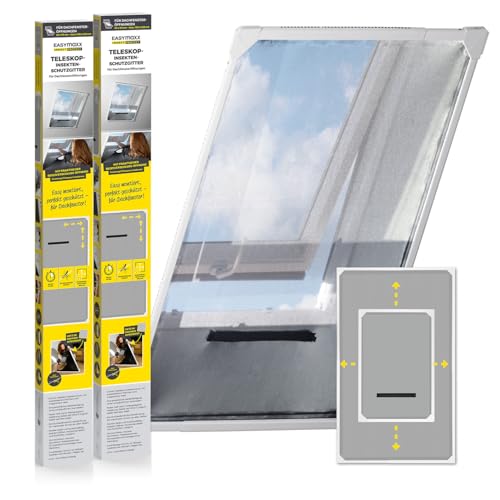EASYmaxx Insect Protect Teleskop Fliegengitter Fenster mit Rahmen und integriertem Netz | Dachfenster Insektenschutz | Ohne Schneiden | Ohne Bohren | 63 x 93 cm bis 100 x 160 cm [2 Stück]