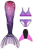 Decool Cola de Sirena Traje de Baño Sirena de Las Muchachas Bikini 4pcs Set, Princesa Cosplay Conjunto con Cola de Sirena Monofín
