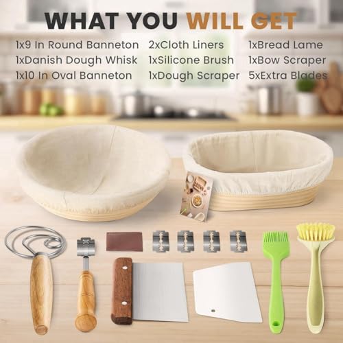 Panier de fermentation de pain et kit grattoir batteur à pâte pour levain