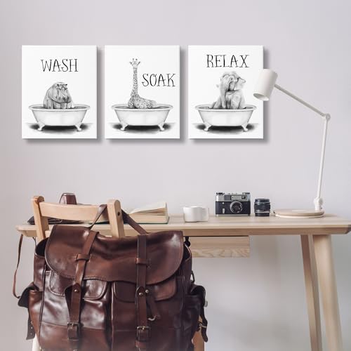 Image of Stupell Industries Jungle Animals Bath, 16 x 20 Inch Canvas Wall Art Set | Stupell Industries . By Rachel Nieman . Ready to hang . Great for bathroom decor . Made in USA