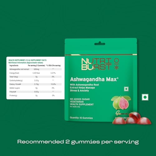 Image of Nutriburst Ashwagandha Max 500mg for Stress and Anxiety Relief | Vigour, Energy, Power & Stamina | Relax Refresh Mind & Body | Guava Flavor Gummies, No added sugar | 10 Gummies